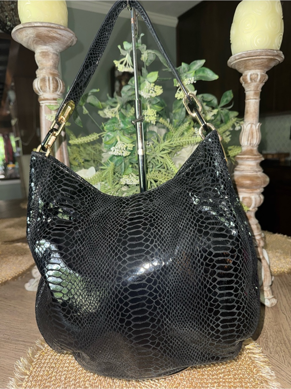 Like NEW Michael Kors Black Patent Python Embossed Hobo Bag Comes w/ MK Dust Bag